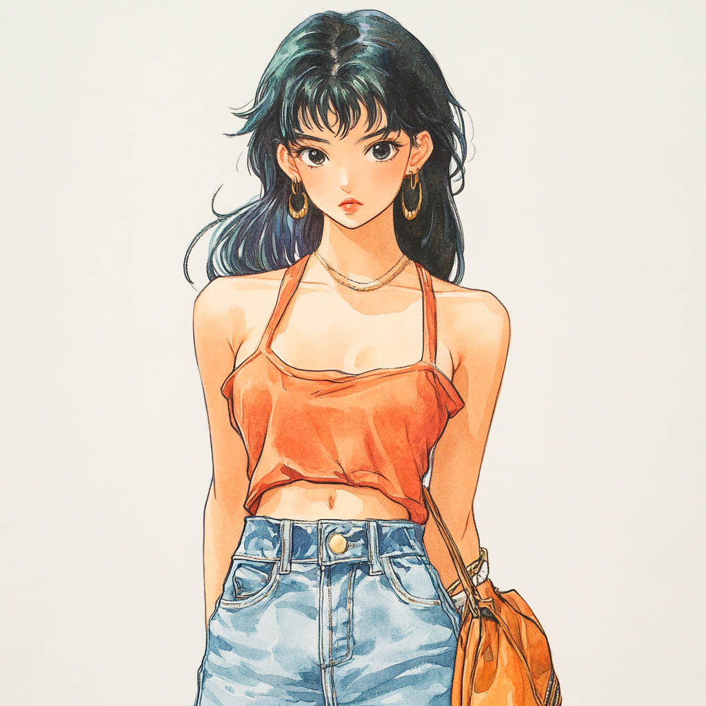 Vibrant watercolor anime girl in retro 90s fashion illustration.