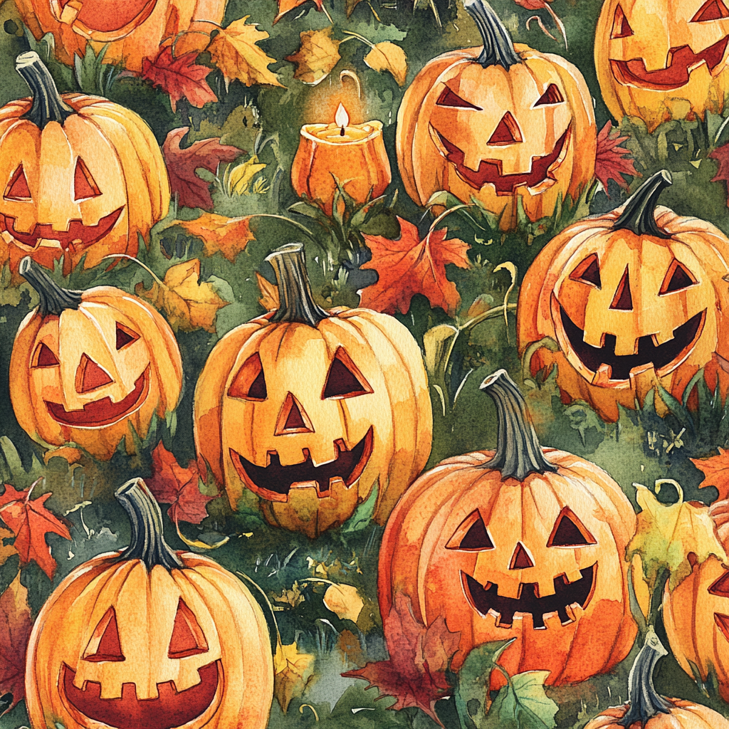 Vibrant watercolor pattern of whimsical pumpkin patch with Jack-o'-lanterns.