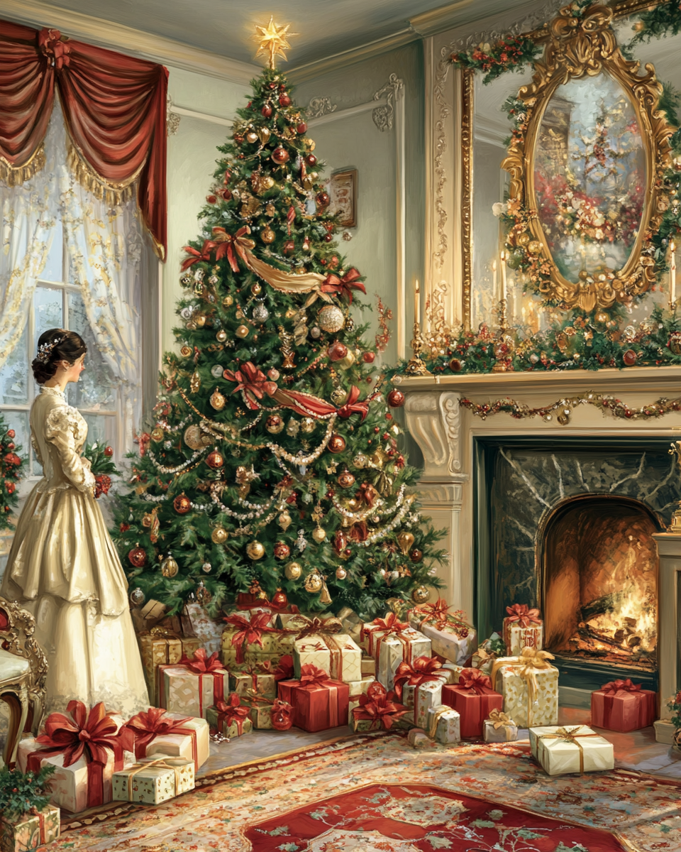 Victorian Christmas Celebration with Tree, Fireplace, Gifts - AR 4:5 V 6.1