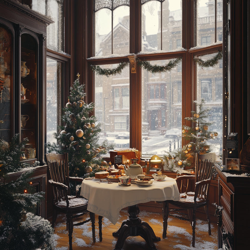 Victorian Christmas kitchen with decorated table, snowy street view.