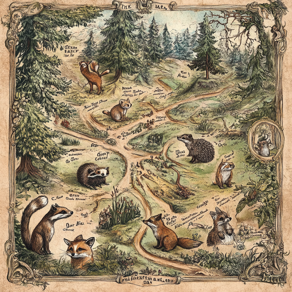 Victorian Map with Magical Woodland and Animal Illustrations