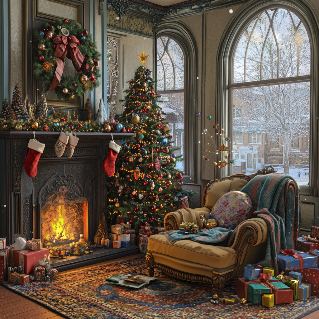 Victorian Parlor Christmas Scene with Cozy Fireplace and Tree.