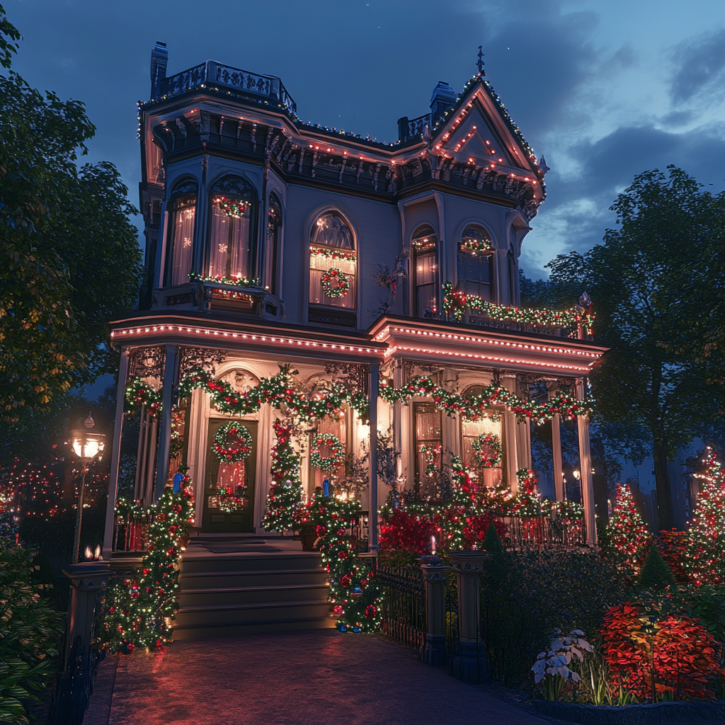 Victorian Regency Era style home with colorful lights.