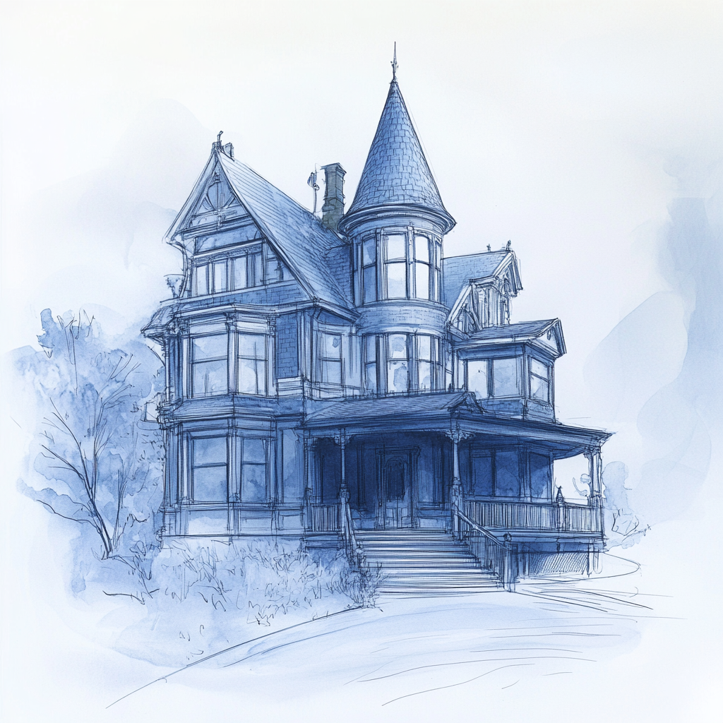 Victorian Shorecliff Manor Sketch: Blue-Grey Exterior with Tower