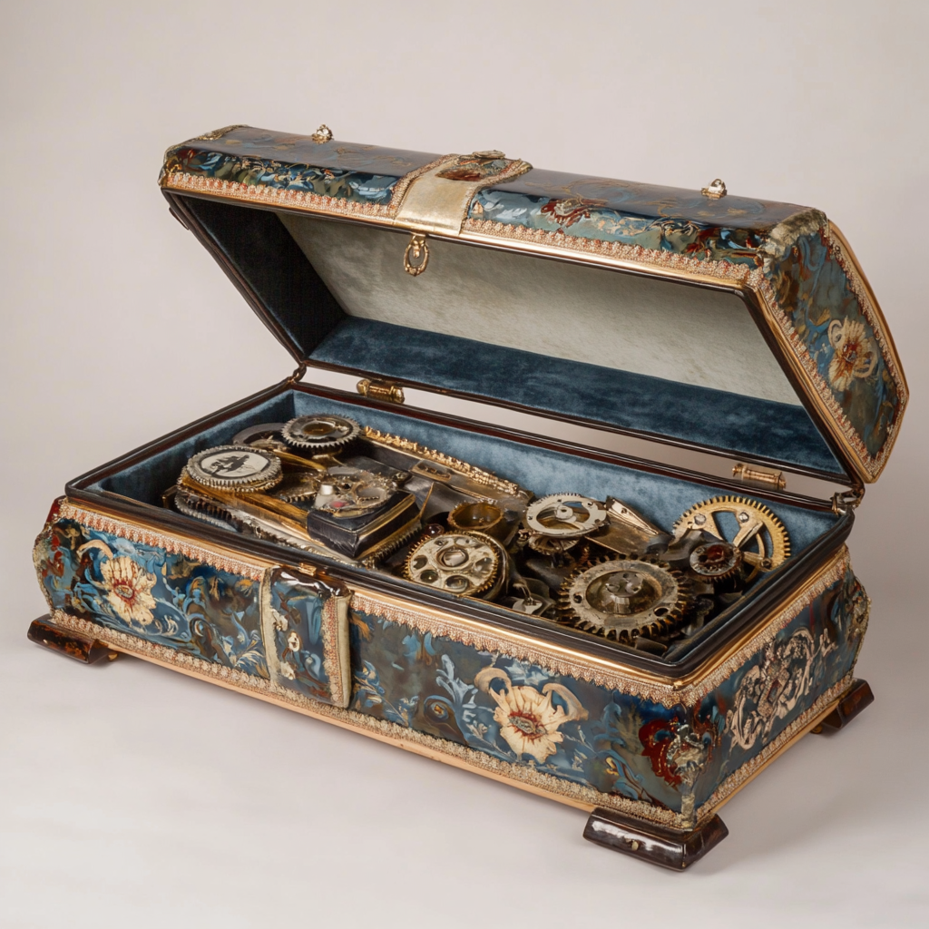 Victorian coffin with blue lid, silk lining, gears