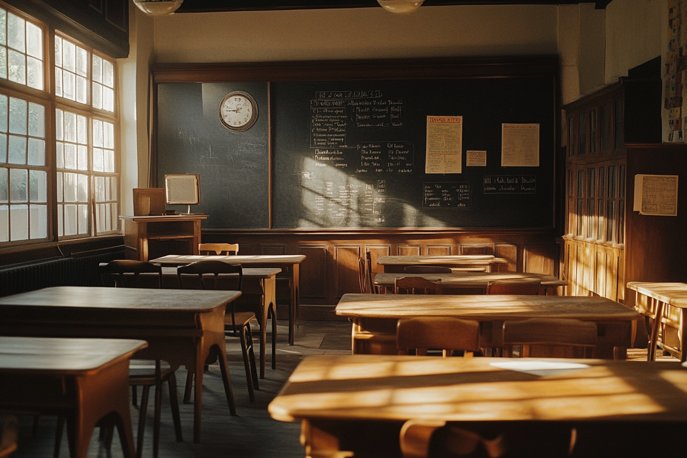 Victorian-era school classroom with wooden desks and chalkboards.