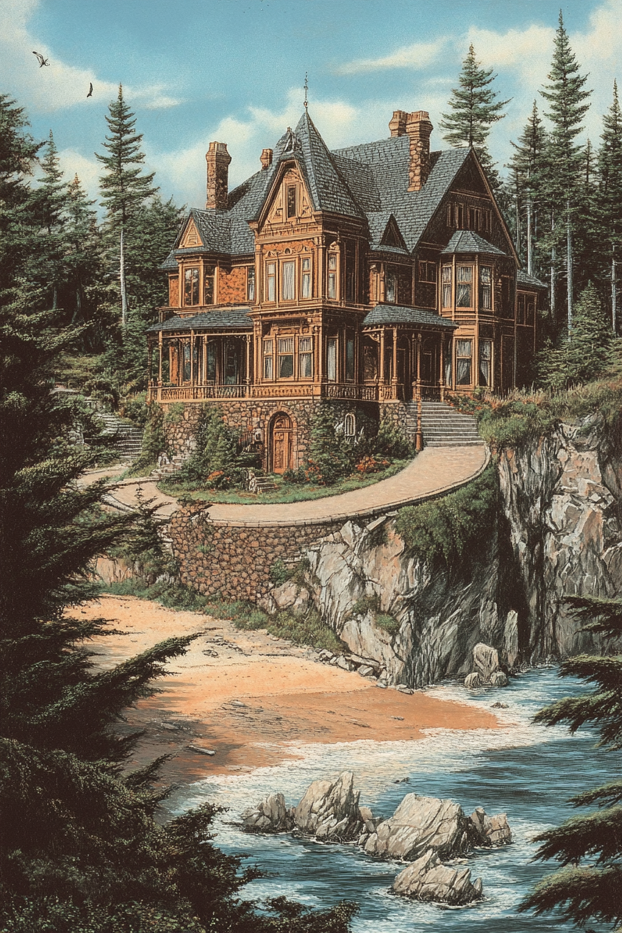 Victorian mansion with circular driveway in cliff forest ocean