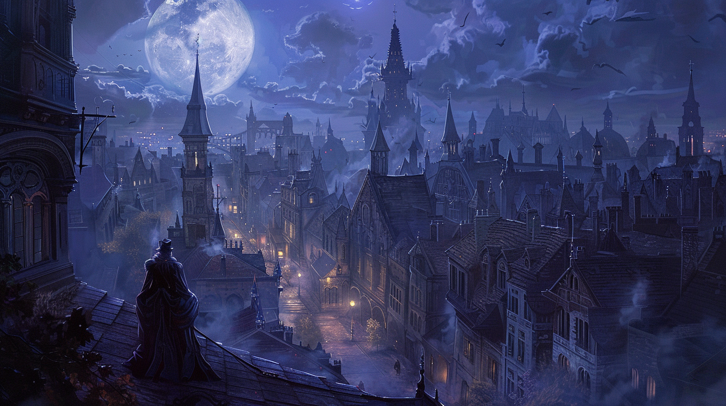 Victorian vampires on rooftops at night