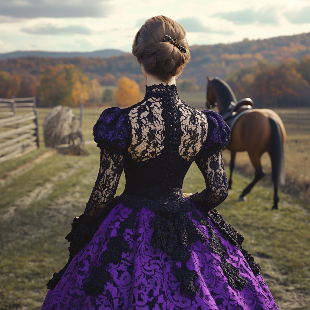 Victorian woman in lace dress on horse ranch