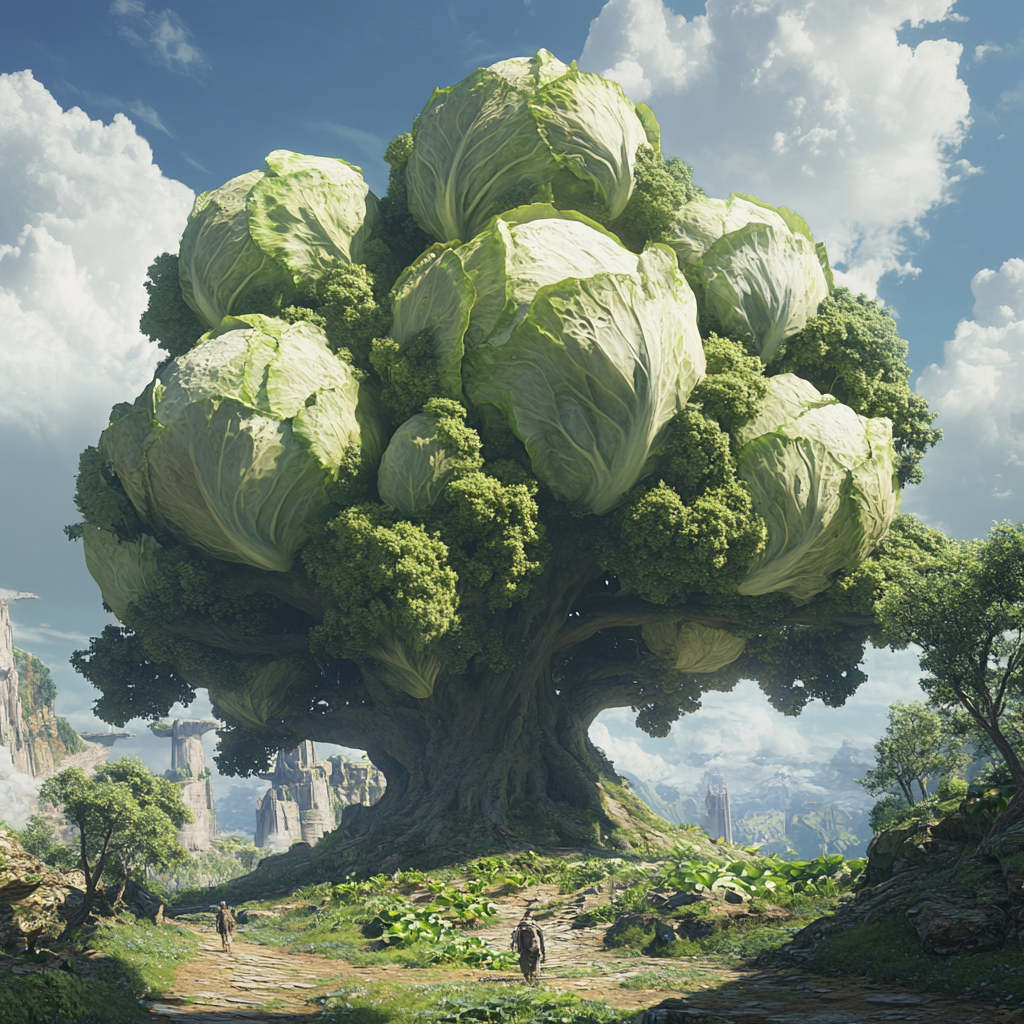 Video game tree with huge cabbages, simple style.