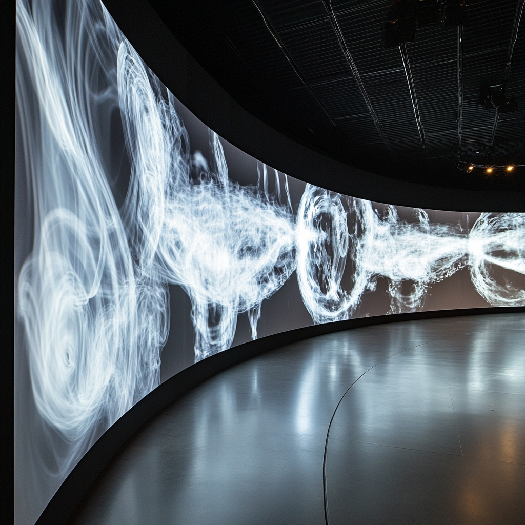 Video wall in museum with smoke rings and patterns.