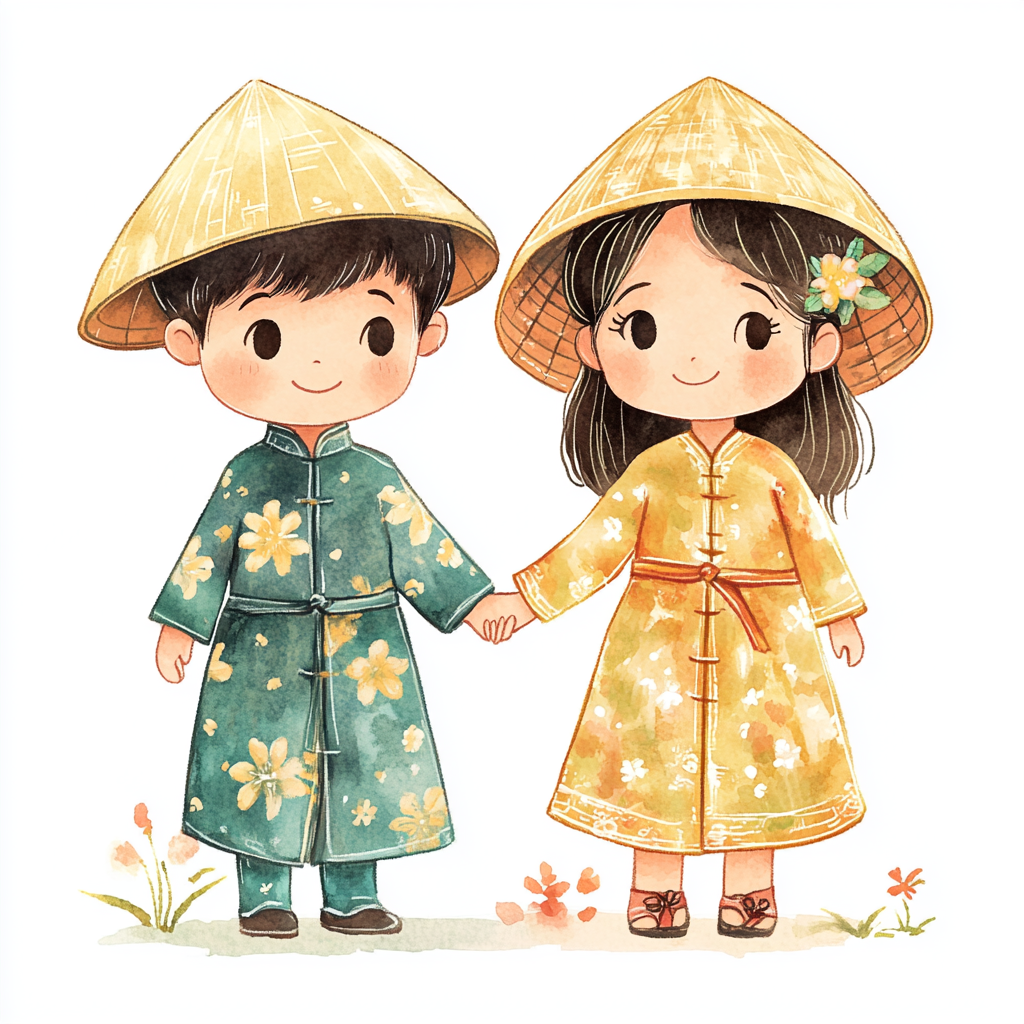 Vietnamese Kids in Traditional Clothes, Smiling, Vector Illustration