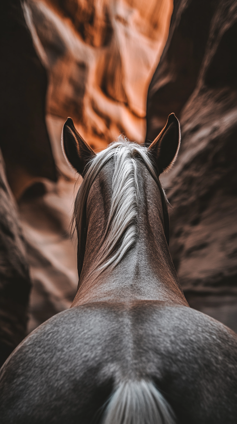 View from horseback through natural rock formations, bright sunlight.