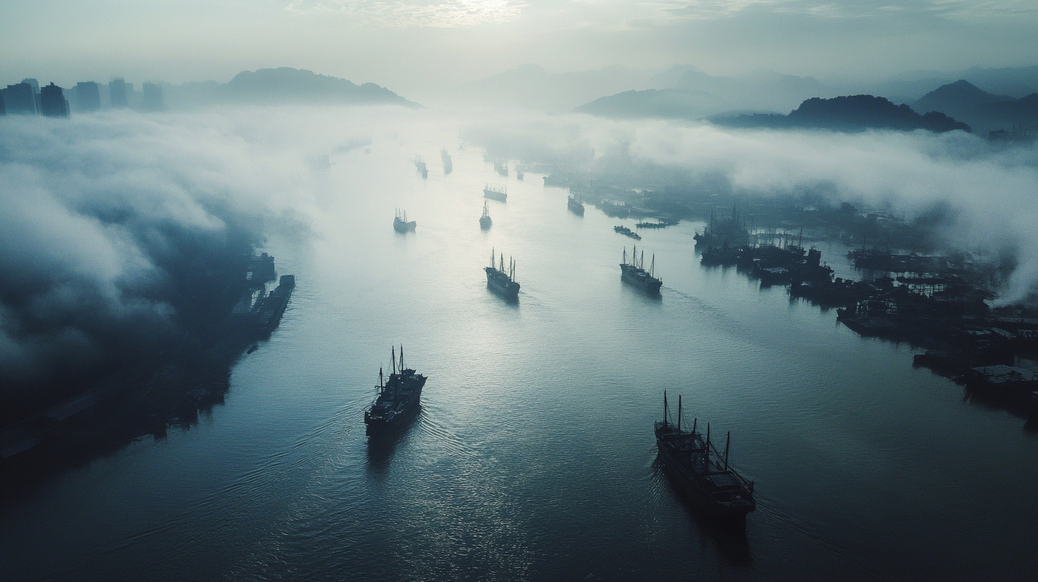 View of Yangtze River with ancient warships, Cao Cao's fleet.