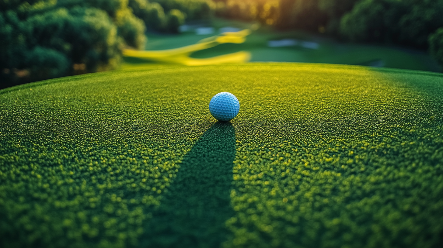 View of golf ball flying over blurred course.