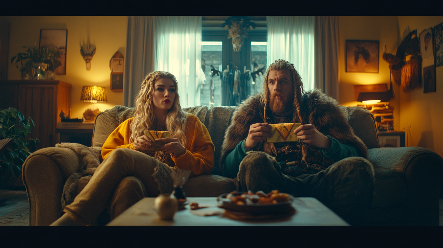 Viking Couple Eating Chips in Living Room, Cinematic 4K Photo