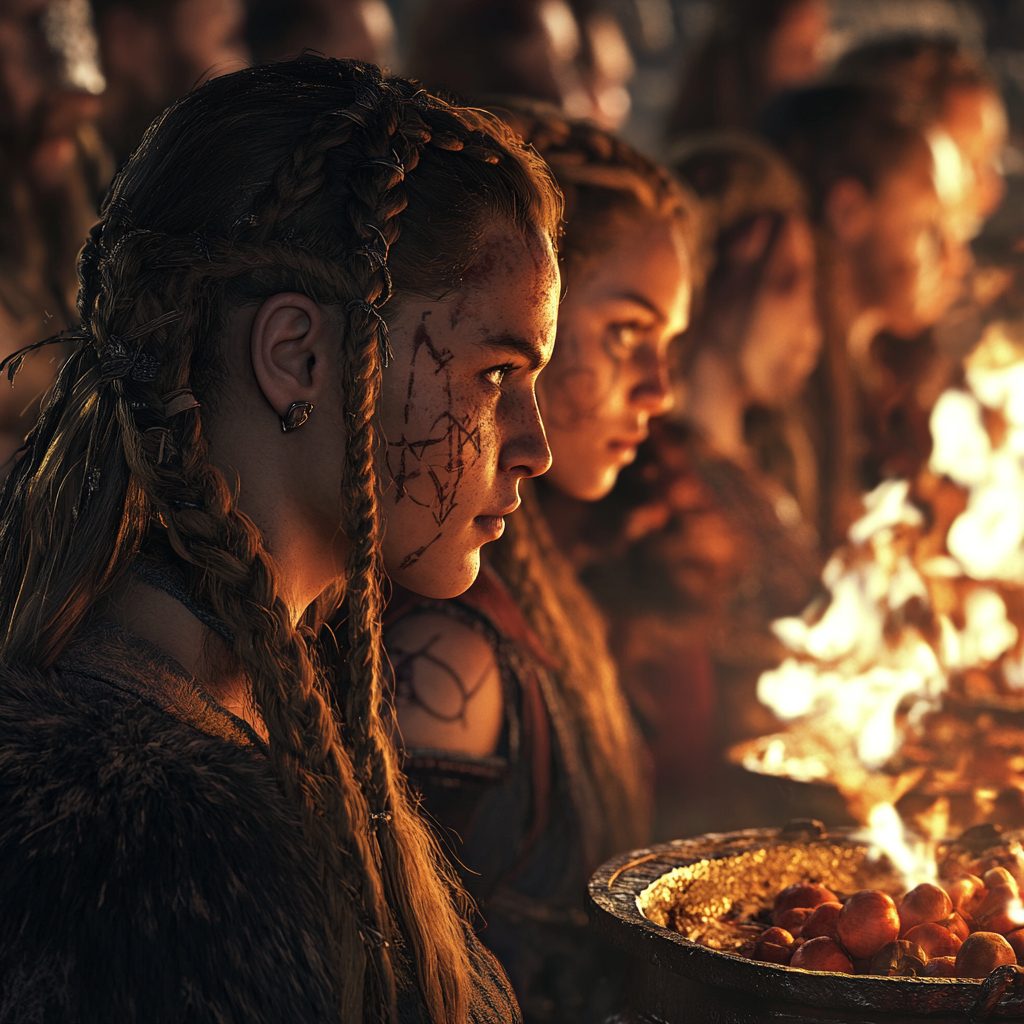 Viking Women Ritual at Bonfire: Sacred Ceremony