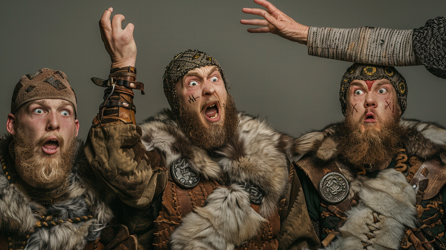 Viking actors shocked and curious, slapped by old woman.