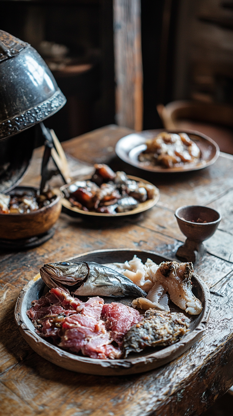 Viking artifacts on rustic wooden table with unusual foods.