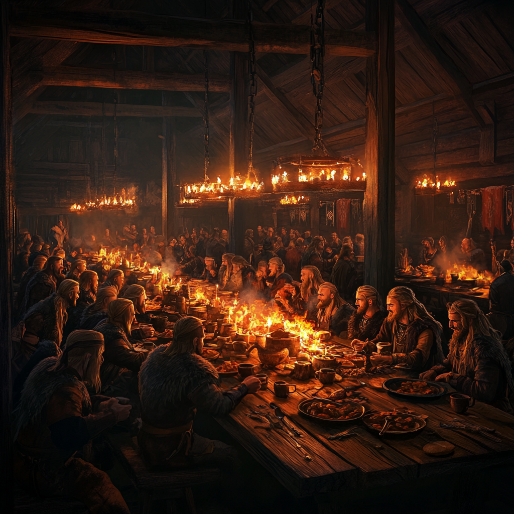 Viking longhouse feast with fires, food, laughter, torchlight