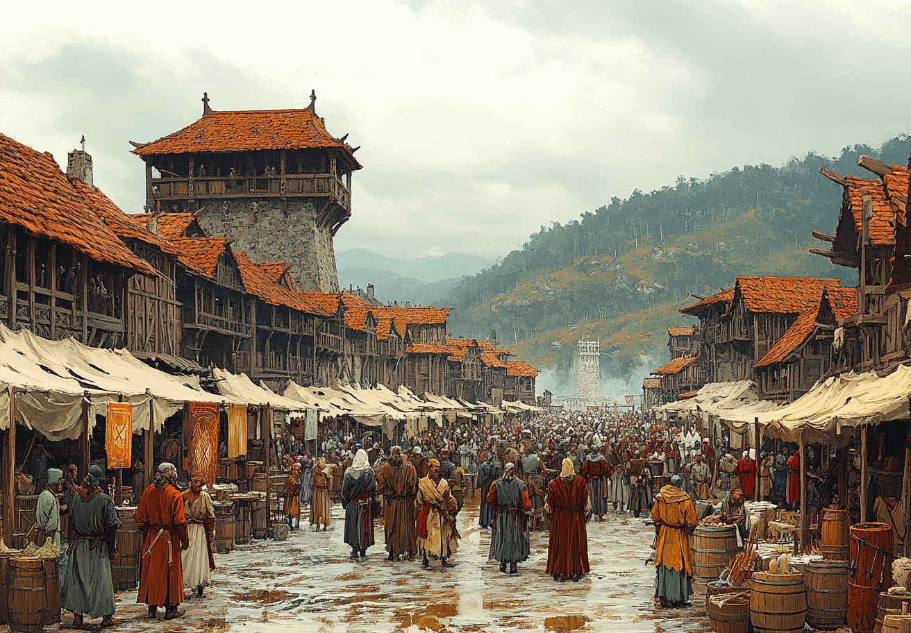 Viking market square in Brazil, 1540's: Detailed illustration