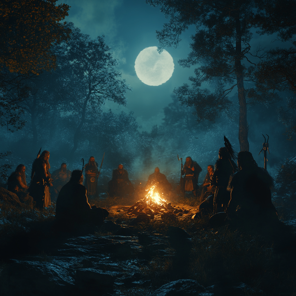 Viking pagan ritual in forest at night with fire.