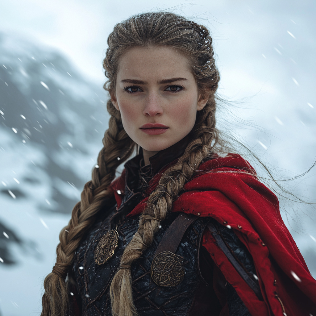 Viking princess with blonde braid on snowy mountain.