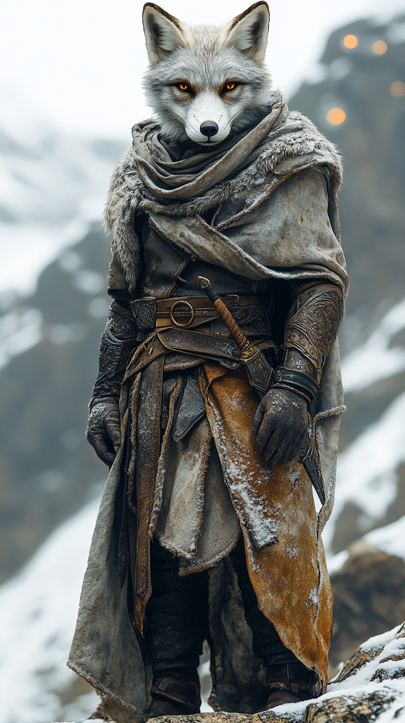 Viking warrior with Arctic fox head in snowy landscape