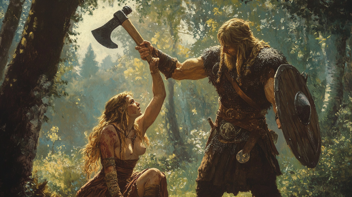 Viking warrior with axe and woman in forest