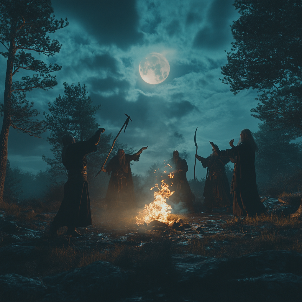 Vikings perform ritual dance around fire in forest.