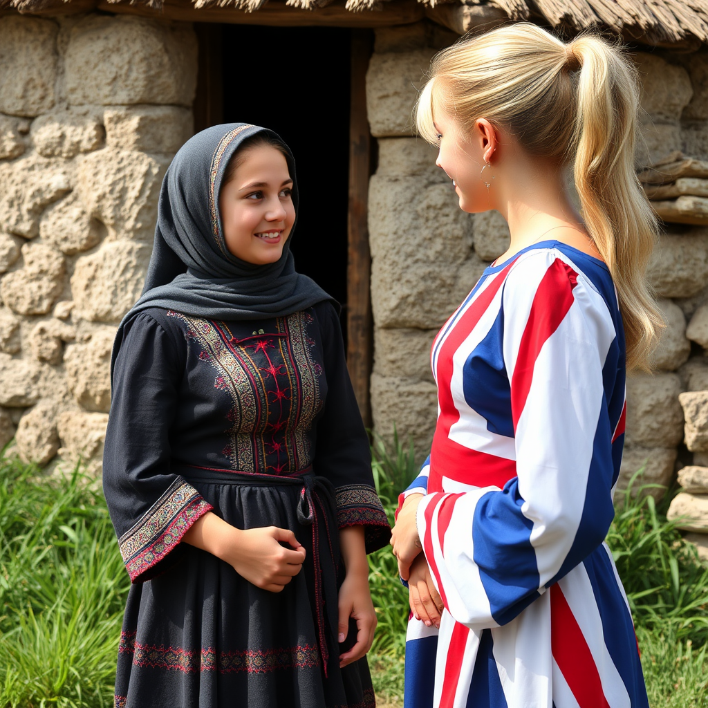 Village girls in different dresses talk and share.