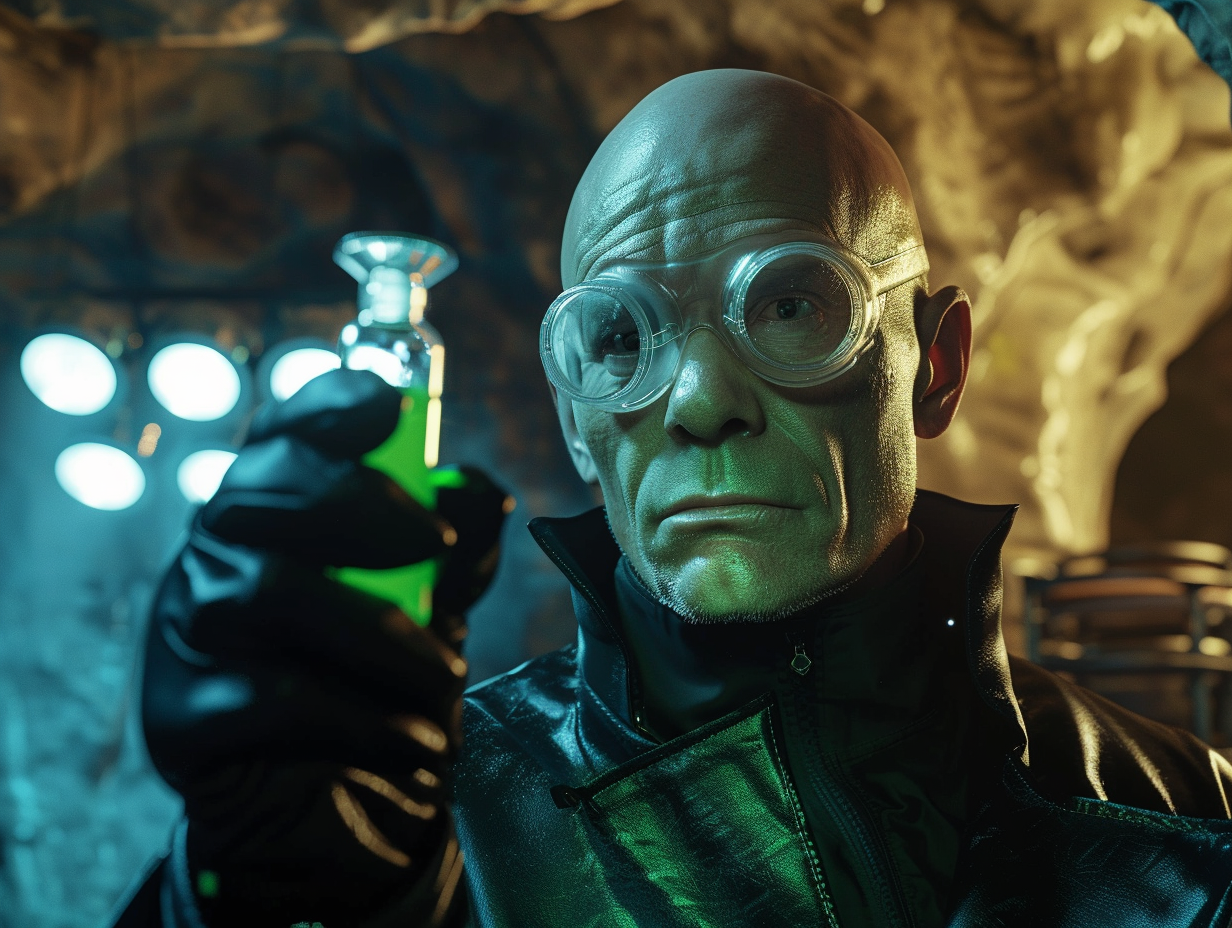 Villainous scientist Lex Luthor experiments with dangerous glowing liquid.