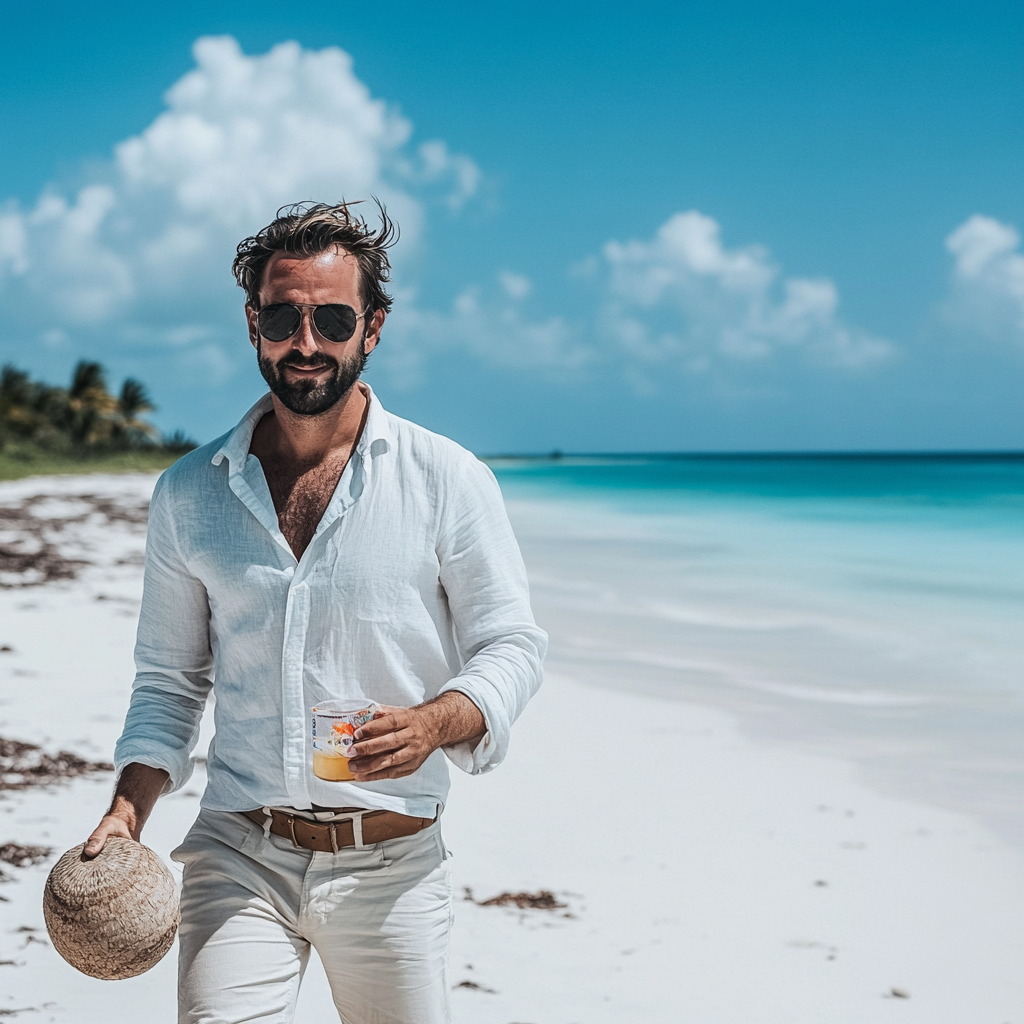 Vincenzo Stands on Tropical Beach Holding Coconut Drink.