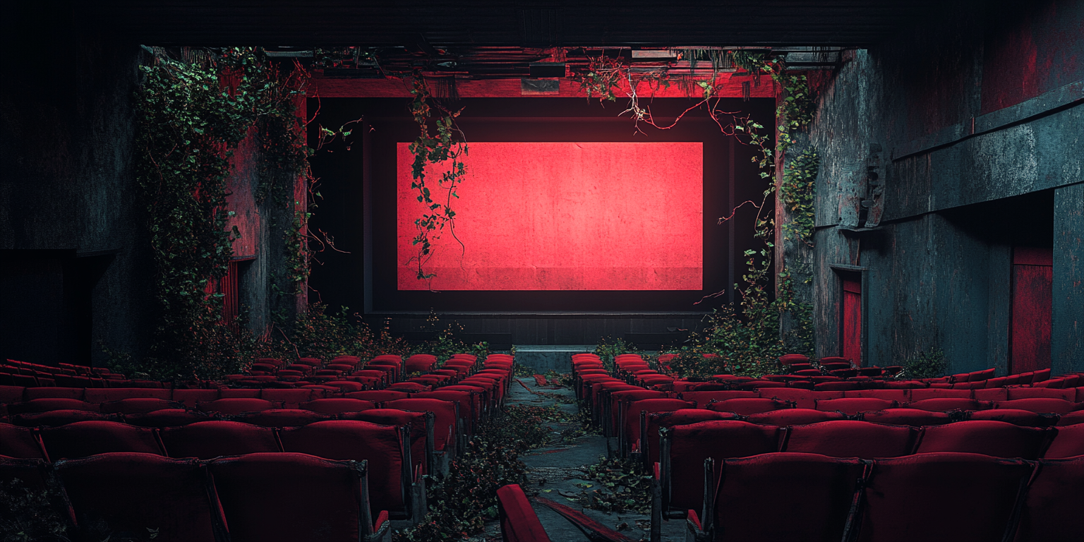 Vines growing on AMC theater screen, dark cinematic setting.