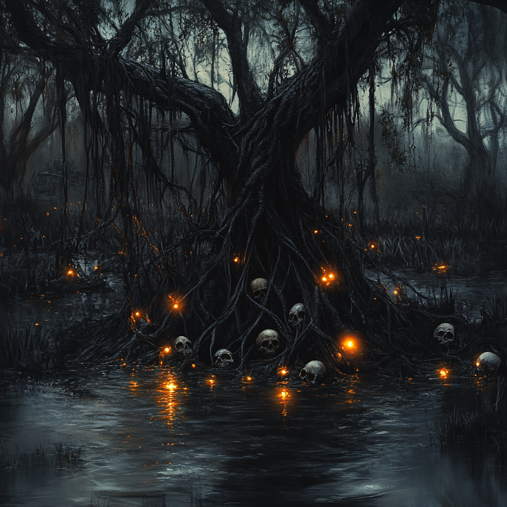 Vines with skulls and lights in dark swamp.