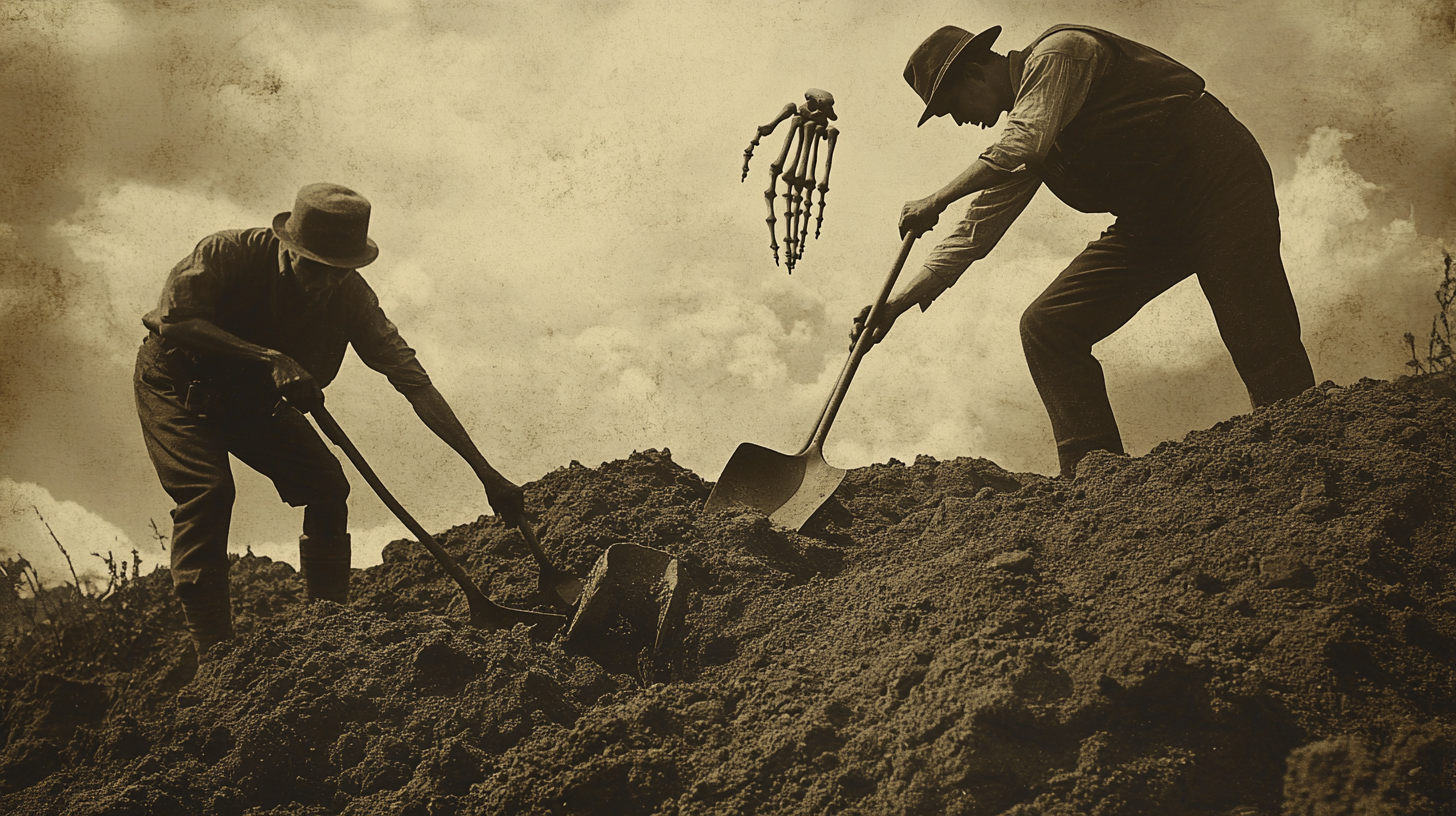 Vintage 1900s Men Digging Skeleton Sepia 8k