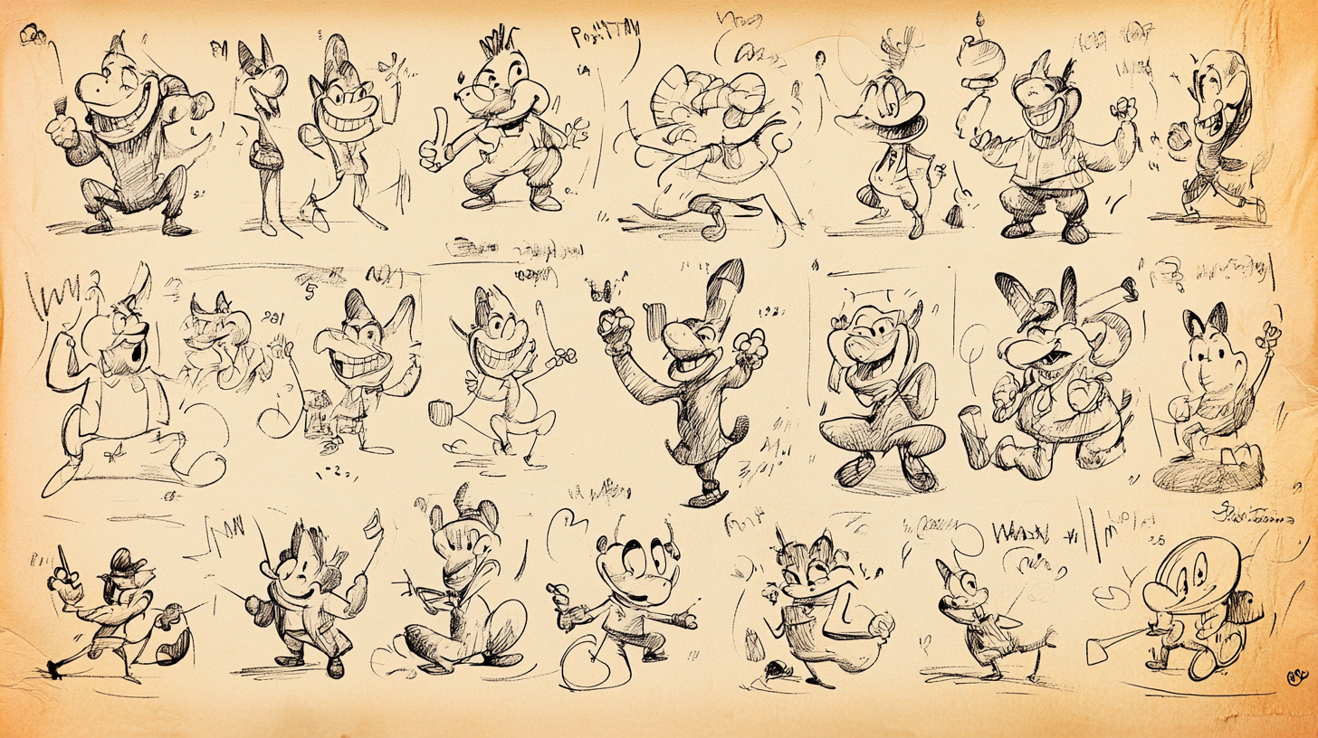 Vintage 1950s cartoon character sheet with funny poses