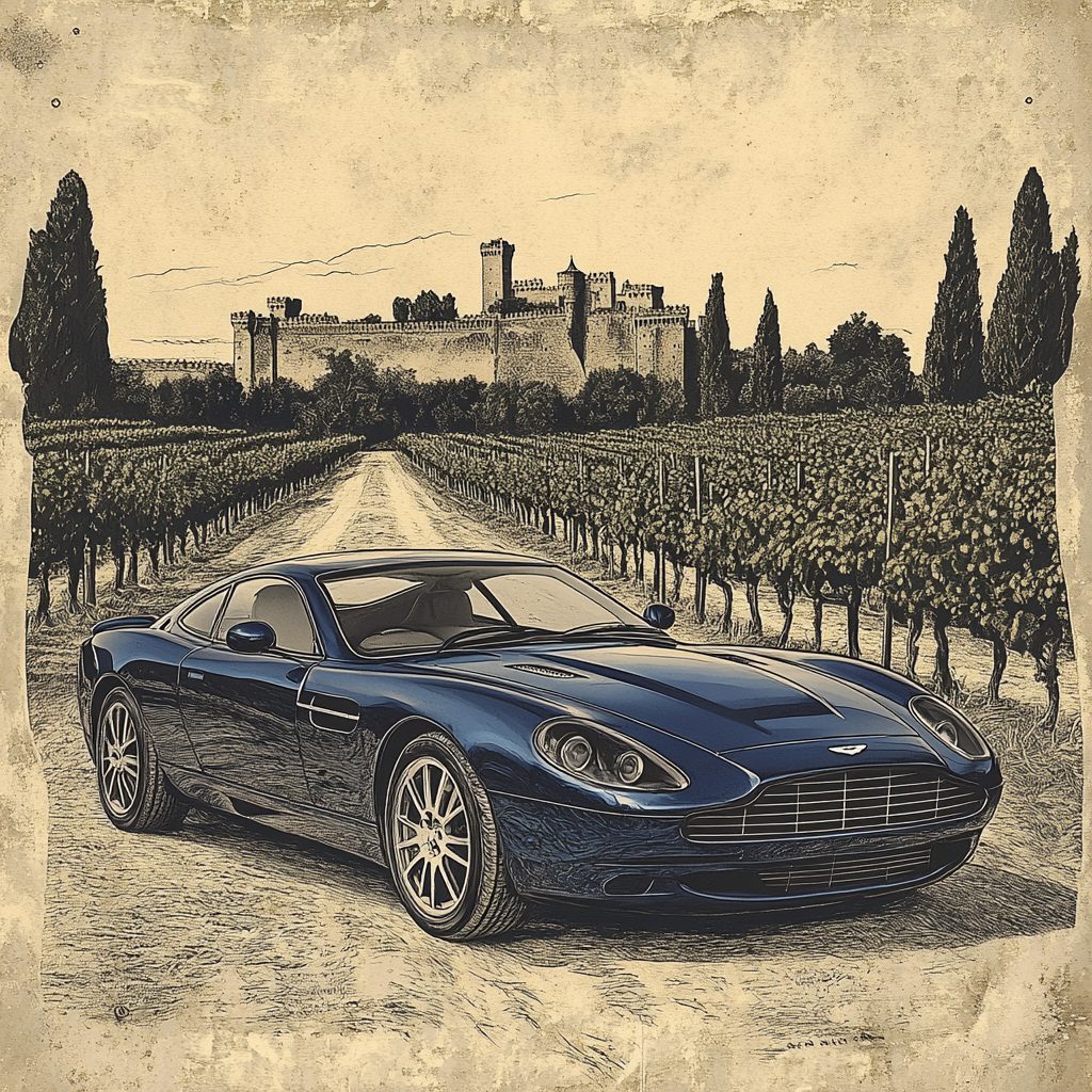 Vintage Aston Martin in Vineyard with Castle Background