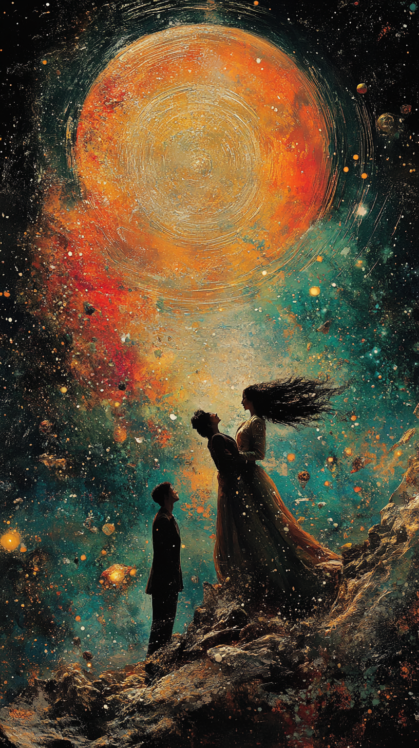 Vintage Brazilian couple in love in mystical universe.