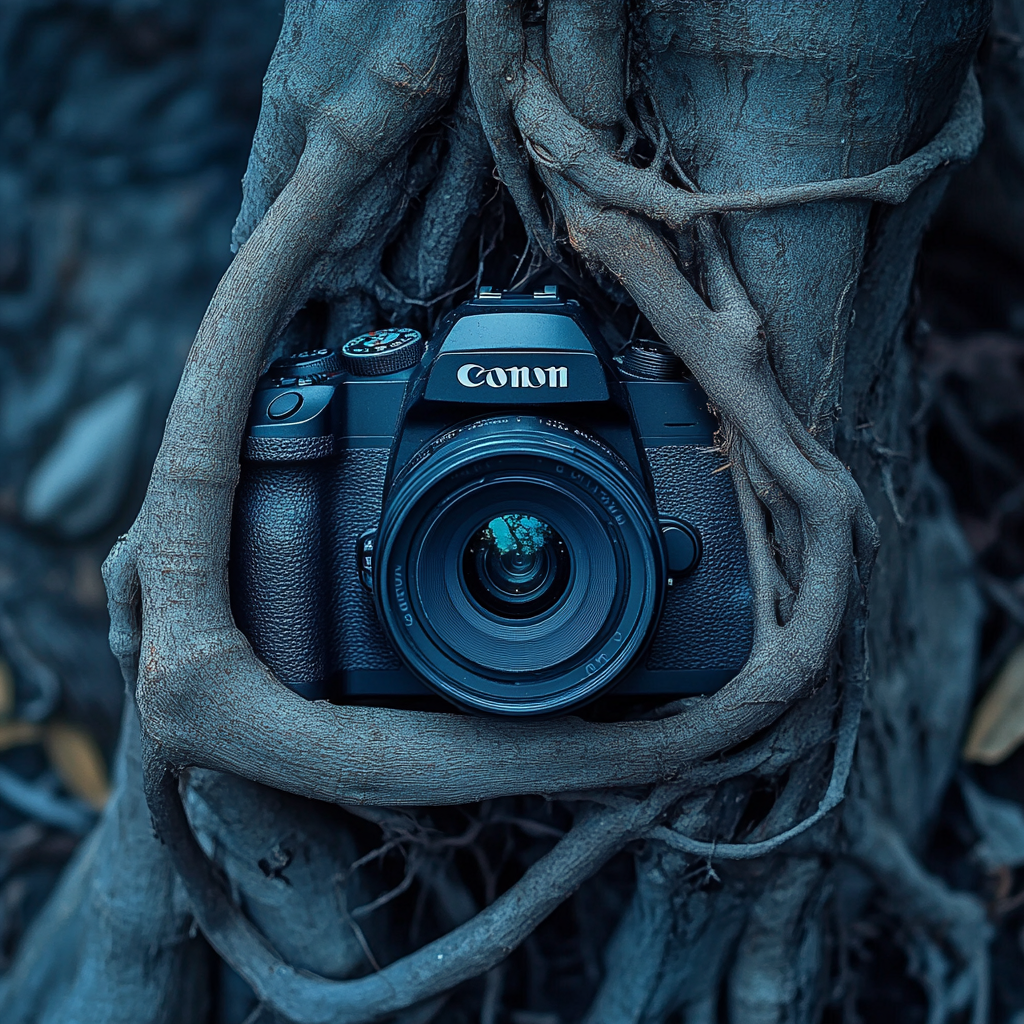 Vintage Canon SLR Camera Entwined by Banyan Tree Roots