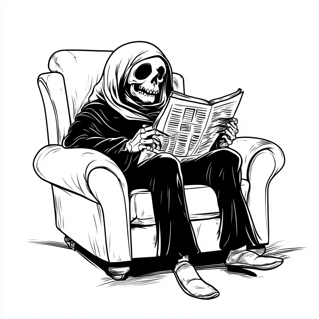 Vintage Cartoon Grim Reaper Reading Newspaper in Recliner