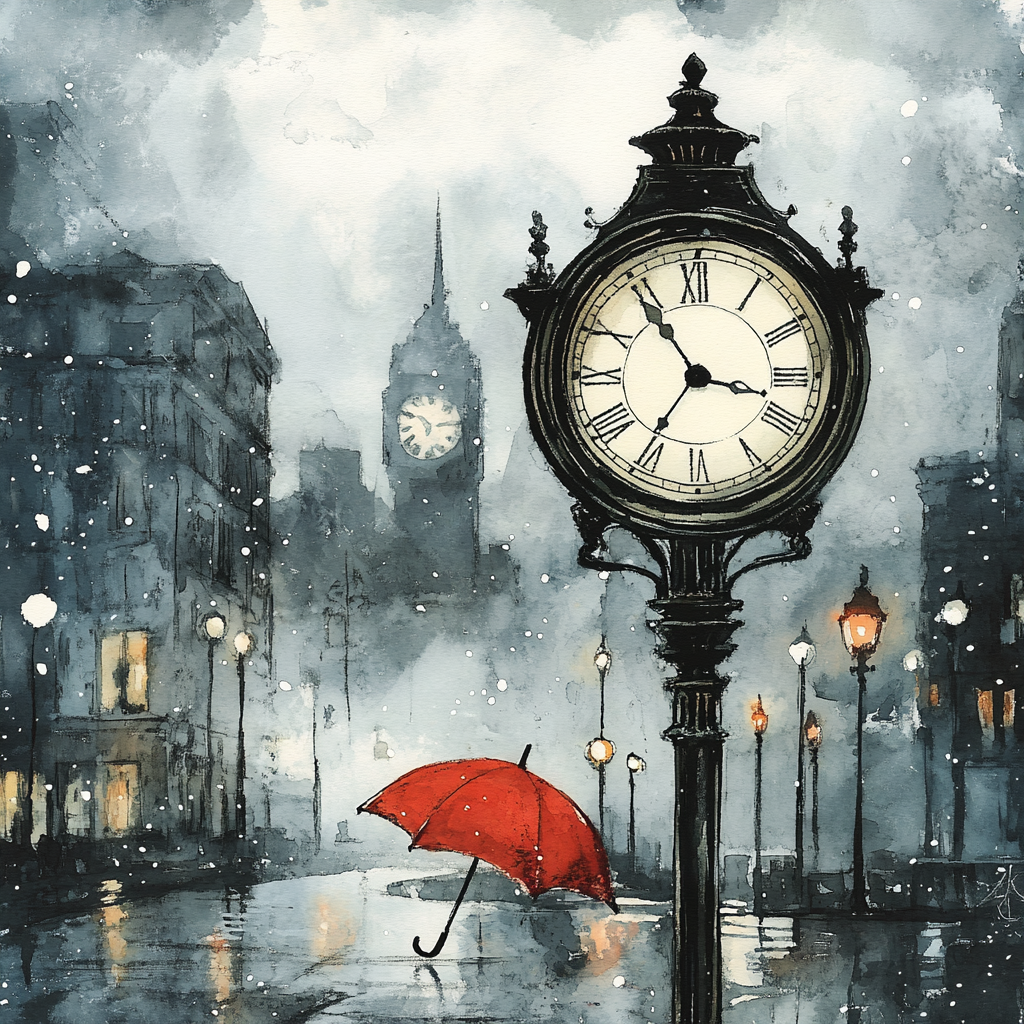 Vintage Clock in Rainy Cityscape with Red Umbrella