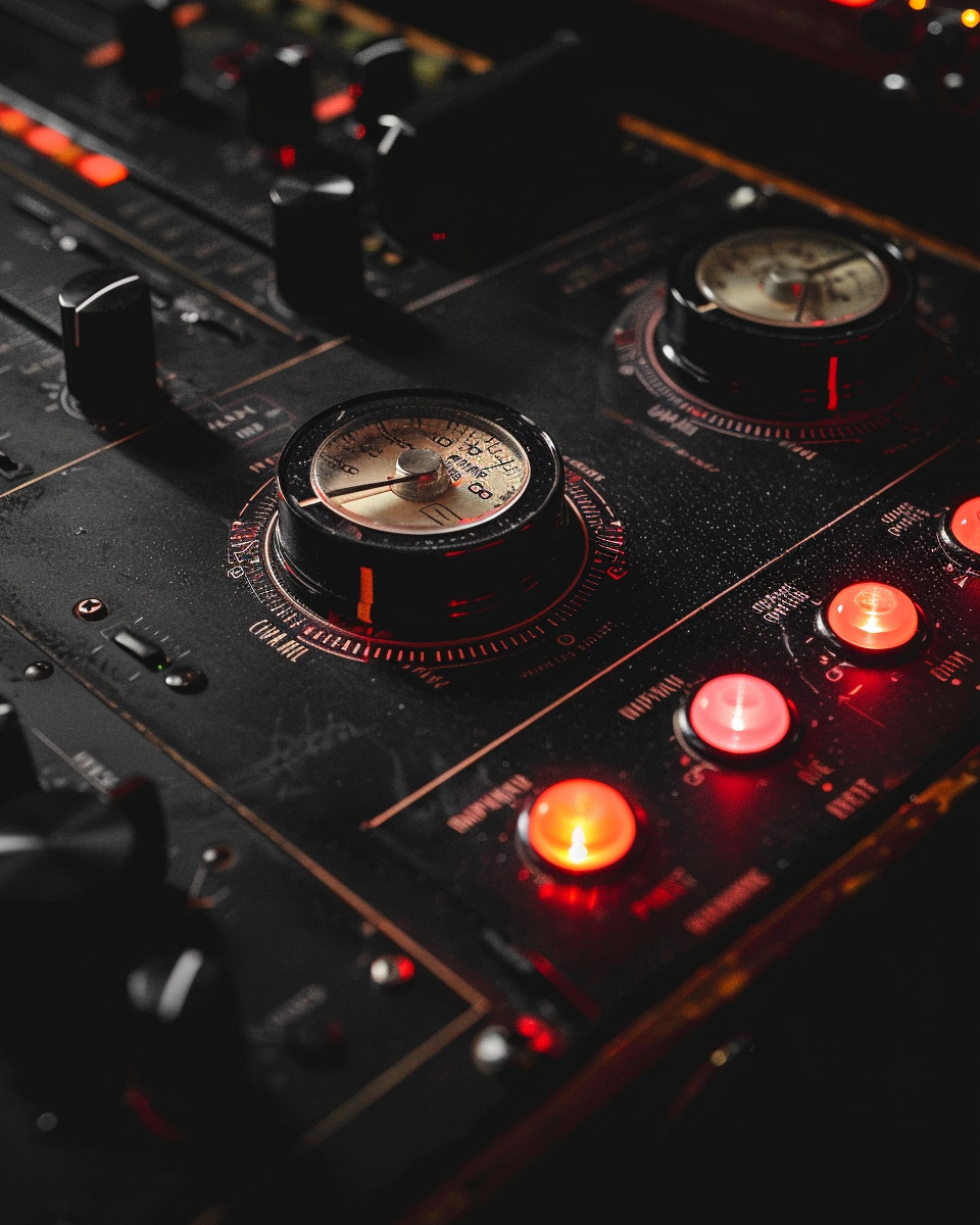 Vintage Drum Machine on Black Background, 70s Style