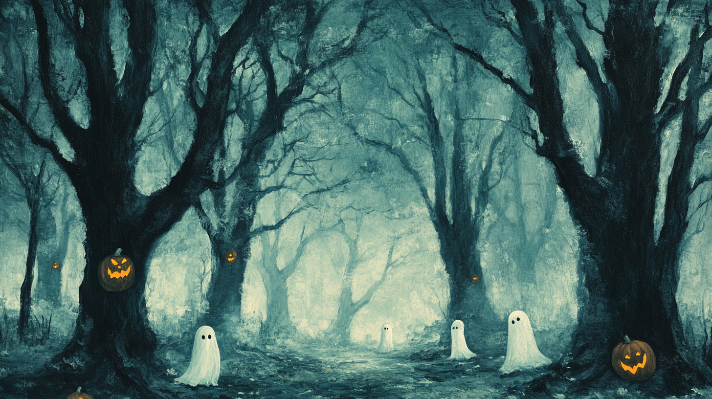 Vintage Halloween Ghost Family in Haunted Forest