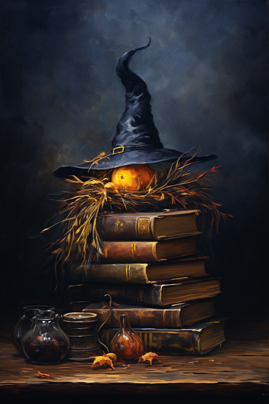 Vintage Halloween Witch Hat on Books with Candle