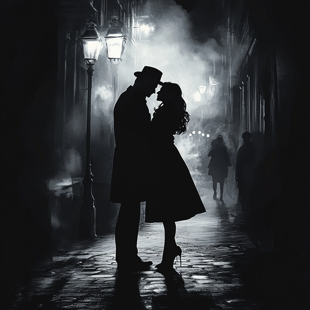 Vintage Romantic Couple Kissing Under Street Lamp