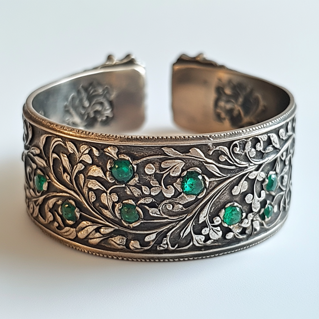 Vintage Silver Bracelet with Emeralds and Engravings