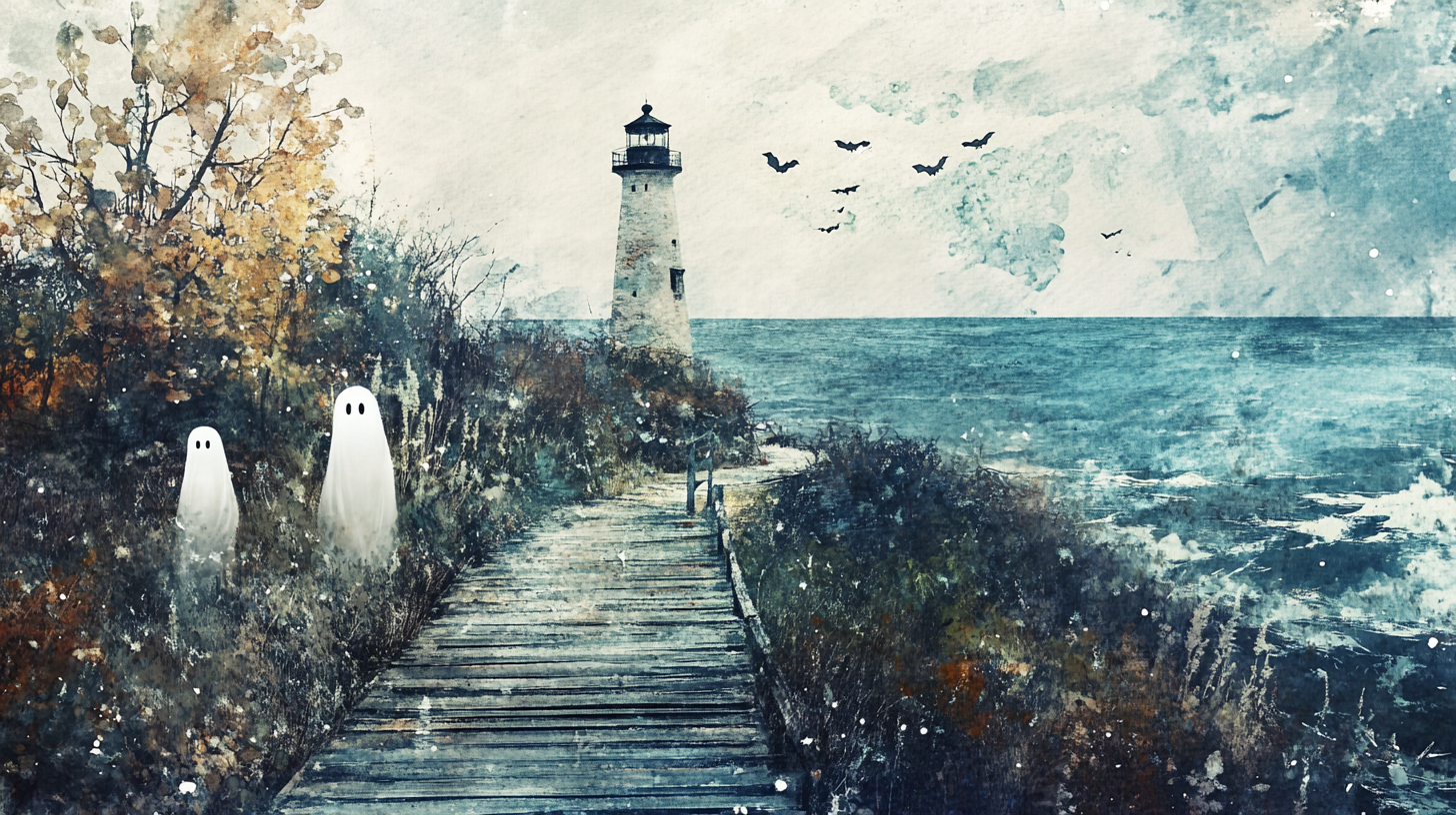 Vintage Watercolour Painting: Autumn Lighthouse Scene with Halloween Ghosts