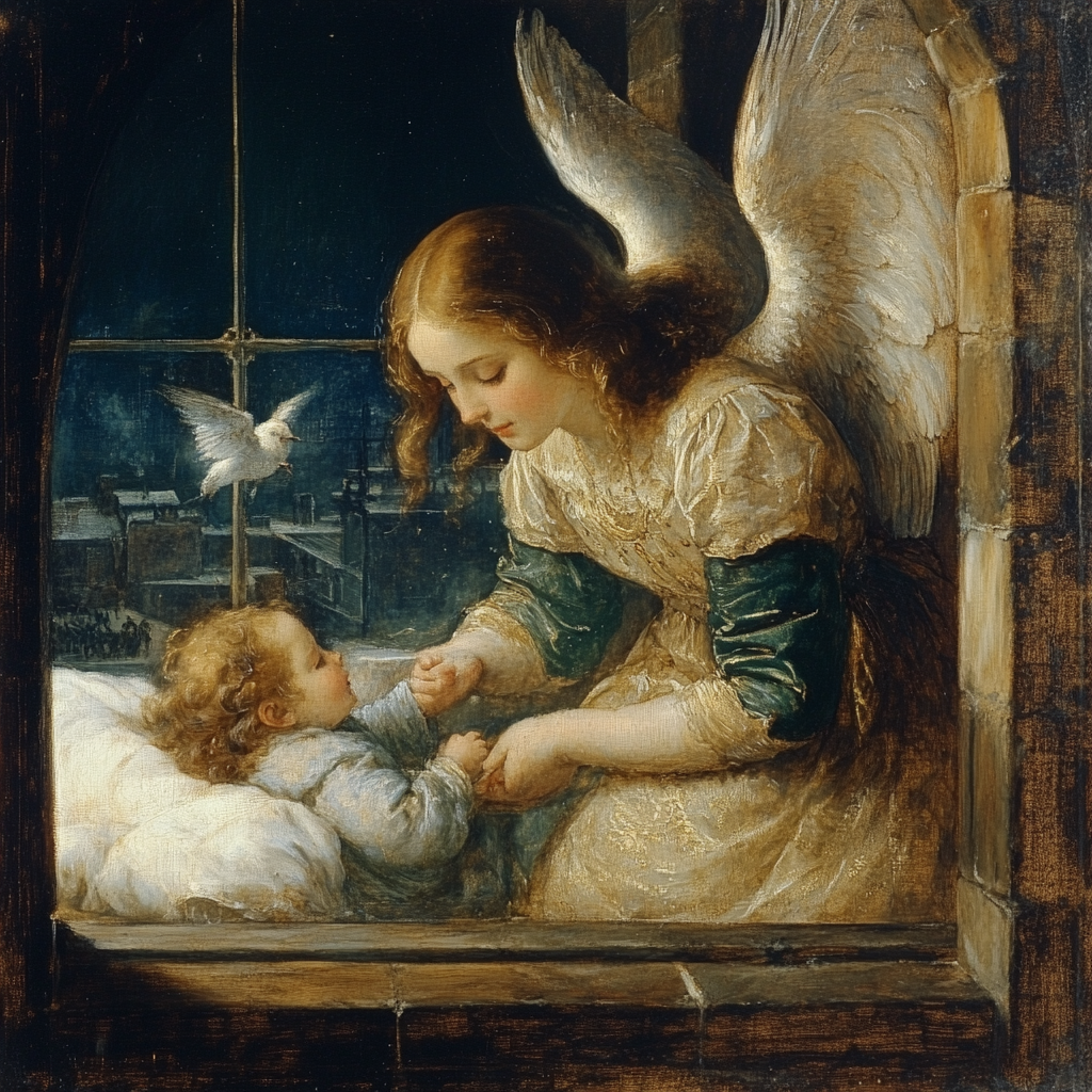 Vintage angel in blue watches child in snow