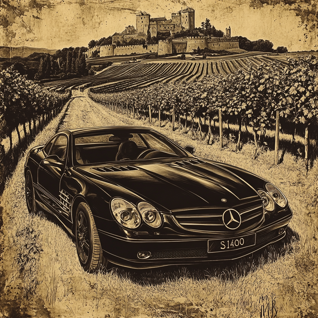 Vintage black Mercedes-Benz SL600 in vineyard setting.